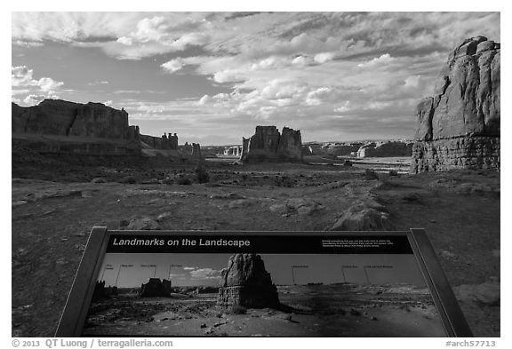 Interpretive sign, Courthouse towers. Arches National Park (black and white)
