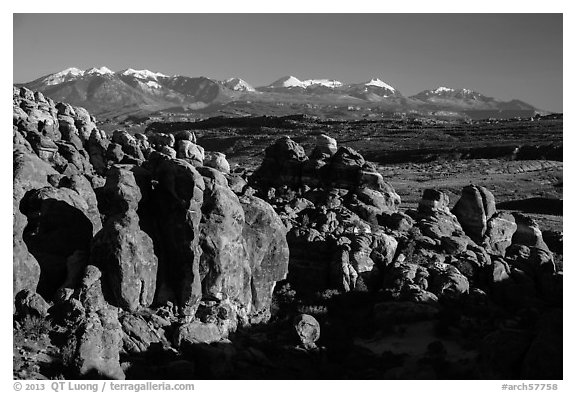 Fiery Furnace and La Sal Mountains. Arches National Park (black and white)