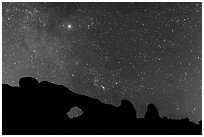 North Window under starry sky at night. Arches National Park ( black and white)