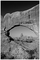 Turret Arch seen through South Window, morning. Arches National Park, Utah, USA. (black and white)