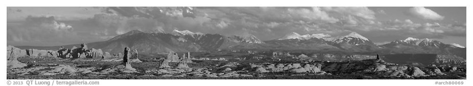 Windows, fins, and La Sal Mountains. Arches National Park (black and white)