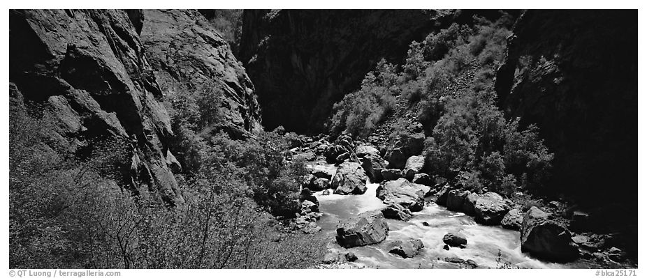 Gorge bottom and Gunnisson River. Black Canyon of the Gunnison National Park (black and white)