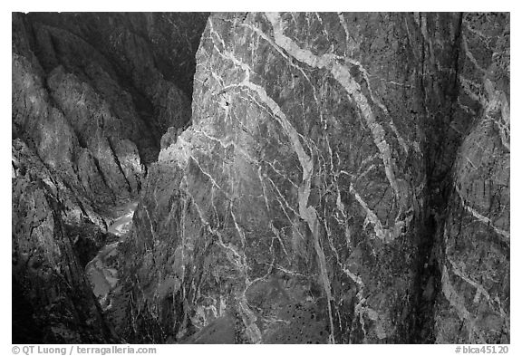 Wall with swirling veins of igneous pegmatite. Black Canyon of the Gunnison National Park (black and white)