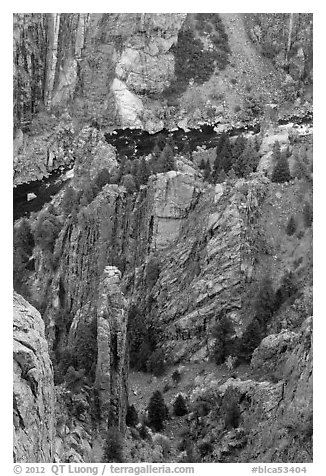 Crags and Gunnison River seen from above. Black Canyon of the Gunnison National Park (black and white)