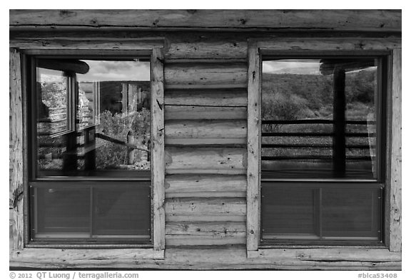 Oak Flats, South Rim visitor center window reflexion. Black Canyon of the Gunnison National Park (black and white)