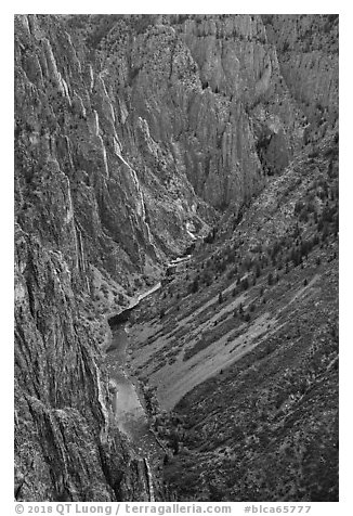 Canyon cliffs and slopes from Pulpit Rock Overlook. Black Canyon of the Gunnison National Park (black and white)