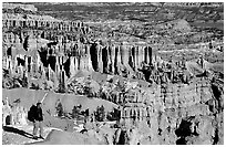 Hiker with panoramic view on Navajo Trail. Bryce Canyon National Park, Utah, USA. (black and white)