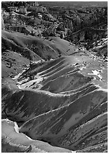 Hill ridges and snow in Bryce Amphitheatre. Bryce Canyon National Park ( black and white)