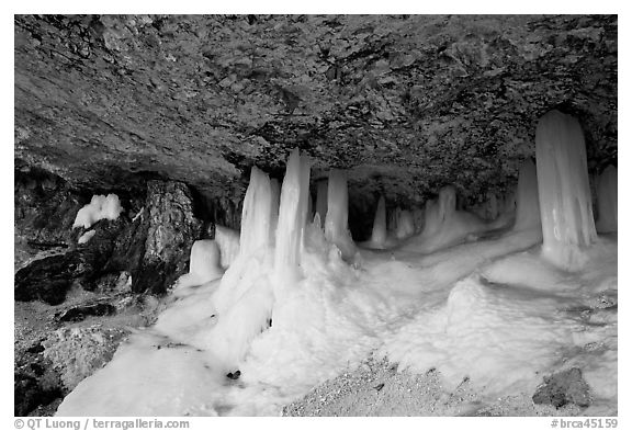 Thick ice columns in Mossy Cave. Bryce Canyon National Park, Utah, USA.