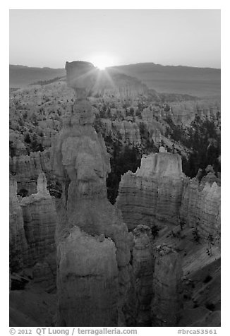 Sun rising behind Thor Hammer. Bryce Canyon National Park (black and white)