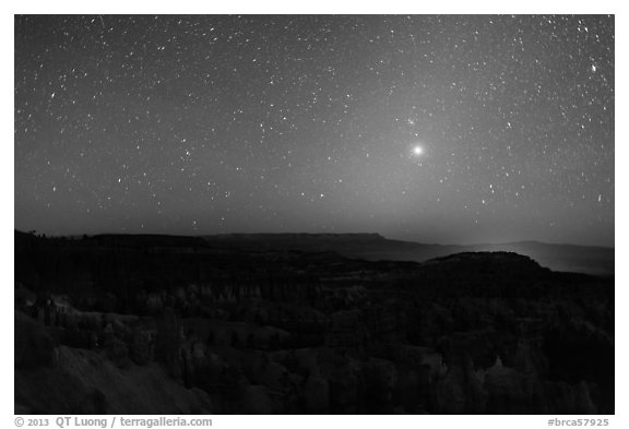 Bryce Amphitheater under starry sky at night. Bryce Canyon National Park (black and white)