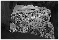 Mesa seen through natural window of Tower Bridge. Bryce Canyon National Park ( black and white)