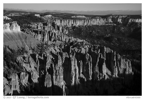 Pink cliffs towards the south from Rainbow Point, sunrise. Bryce Canyon National Park (black and white)