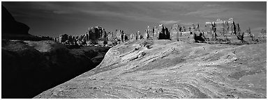 Swirls and sandstone pinnacles, Needles District. Canyonlands National Park (Panoramic black and white)