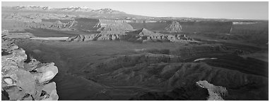 Canyon landscape at sunset, Dead Horse Point. Canyonlands National Park (Panoramic black and white)