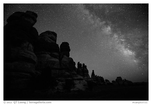 Dollhouse towers and Milky Way, Maze District. Canyonlands National Park (black and white)