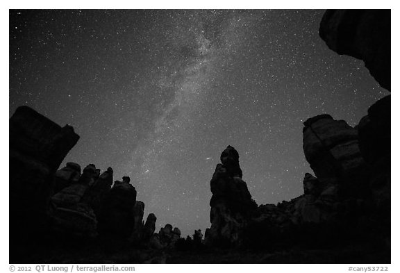 Dollhouse pinnacles and Milky Way, Maze District. Canyonlands National Park (black and white)