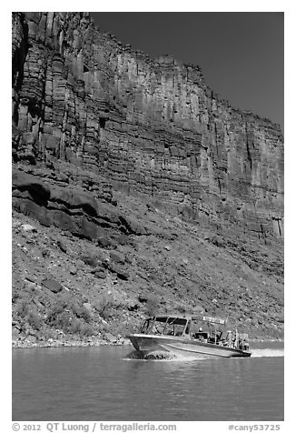 Jetboat and cliffs, Colorado River. Canyonlands National Park (black and white)