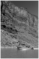 Jetboat and cliffs, Colorado River. Canyonlands National Park, Utah, USA. (black and white)