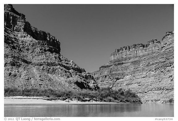 Cliffs towering above Confluence of Green and Colorado Rivers. Canyonlands National Park (black and white)