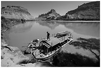 Jetboat and raft at Spanish Bottom. Canyonlands National Park, Utah, USA. (black and white)