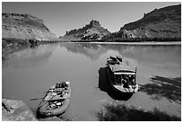 Jetboat and raft on Colorado River. Canyonlands National Park, Utah, USA. (black and white)