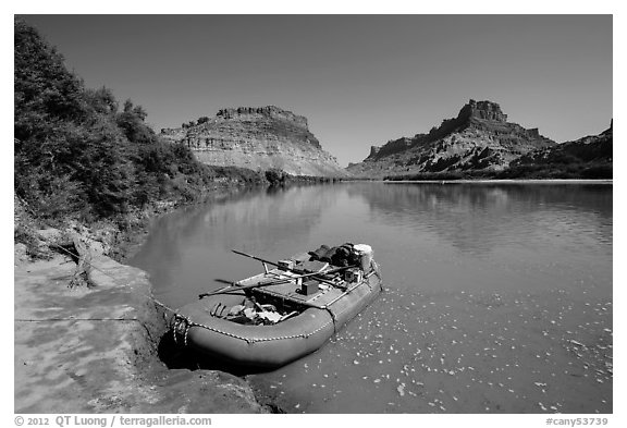 Raft on banks of the Colorado River. Canyonlands National Park (black and white)