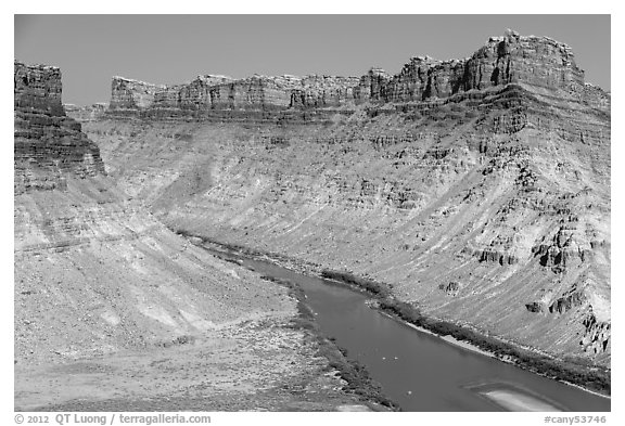 Distant views of rafts floating Colorado River. Canyonlands National Park (black and white)