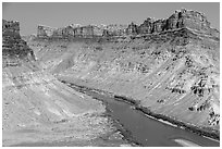 Distant views of rafts floating Colorado River. Canyonlands National Park ( black and white)