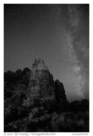 Doll House spires and Milky Way. Canyonlands National Park (black and white)