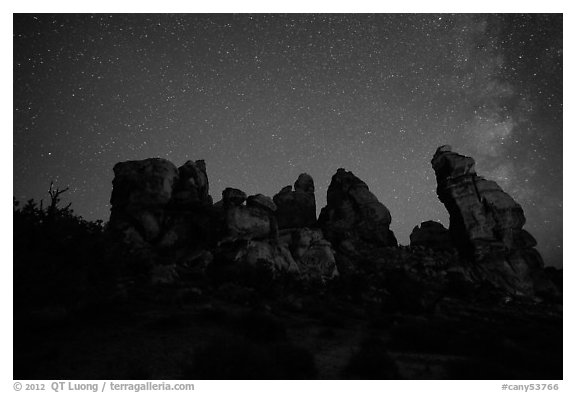Dollhouse and starry sky at night. Canyonlands National Park (black and white)