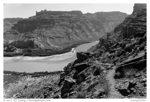 Trail overlooking Colorado River. Canyonlands National Park (black and white)