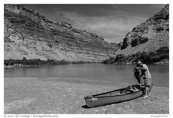 Canoeist and canoe near Confluence. Canyonlands National Park (black and white)