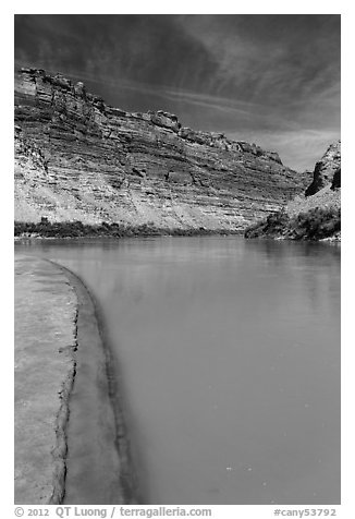 Colorado River beach shore near Confluence with Green River. Canyonlands National Park (black and white)