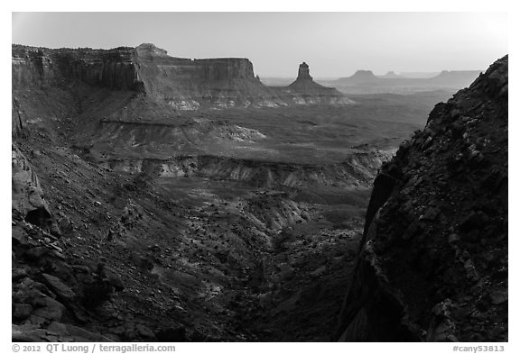 Cliffs and Candlestick Butte at dusk. Canyonlands National Park (black and white)