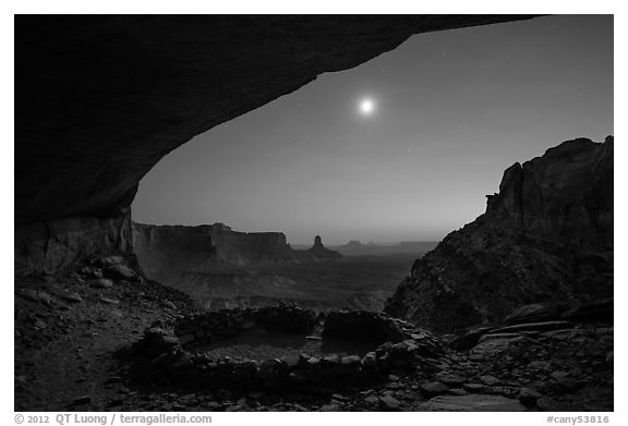 False Kiva and moon at night. Canyonlands National Park (black and white)
