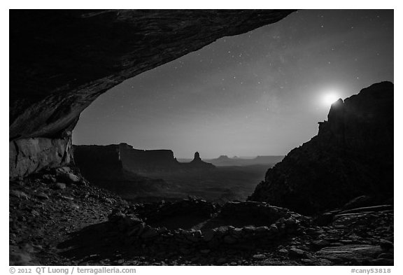 False Kiva, moon, and stars. Canyonlands National Park (black and white)