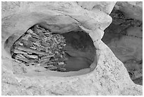Granary nested in arch, Aztec Butte. Canyonlands National Park, Utah, USA. (black and white)