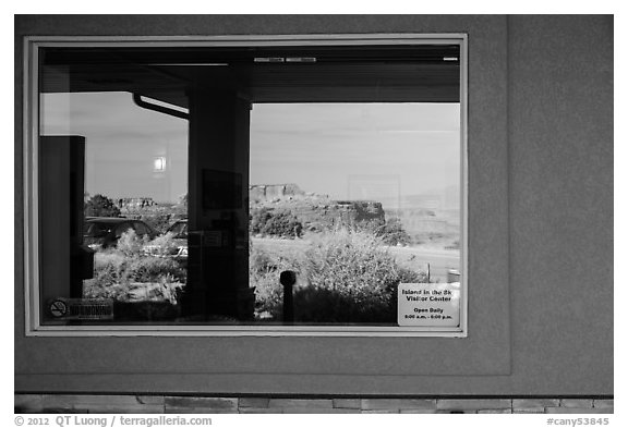 Canyons, Island in the Sky Visitor Center window reflexion. Canyonlands National Park (black and white)