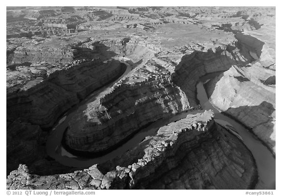 Aerial view of confluence of Green and Colorado River. Canyonlands National Park (black and white)
