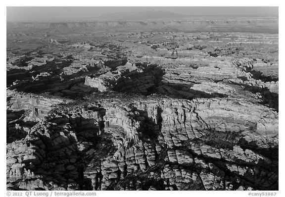 Aerial view of pinnacles and canyons, Needles. Canyonlands National Park (black and white)