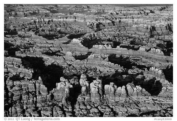 Aerial view of pinnacles, Needles District. Canyonlands National Park (black and white)