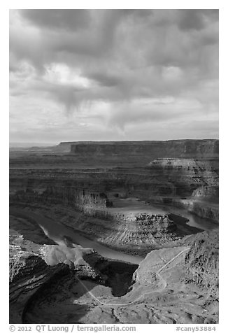 Gooseneck and stormy sky with virgas. Canyonlands National Park (black and white)