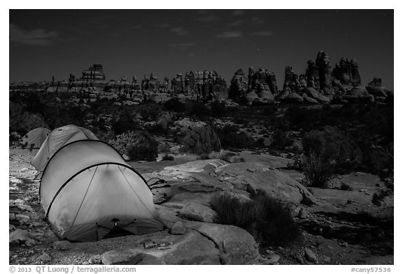 Tents at night in the Dollhouse. Canyonlands National Park (black and white)