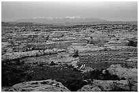 Maze canyons and snowy mountains at dusk. Canyonlands National Park ( black and white)