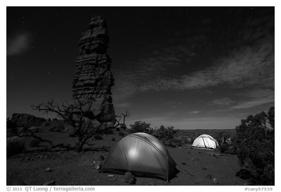 Tents at night below Standing Rock. Canyonlands National Park (black and white)