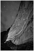 Illuminated canyon wall with rock art under starry sky, Horseshoe Canyon. Canyonlands National Park, Utah, USA. (black and white)