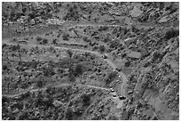 Jeep caravan negotiates hairpin turn on the Flint Trail,  Orange Cliffs Unit, Glen Canyon National Recreation Area, Utah. USA ( black and white)