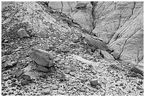 Rocks and clay badlands, Orange Cliffs Unit, Glen Canyon National Recreation Area, Utah. USA (black and white)