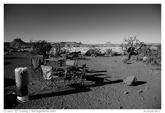 Backcountry camp chairs and tables, Standing Rocks campground. Canyonlands National Park (black and white)